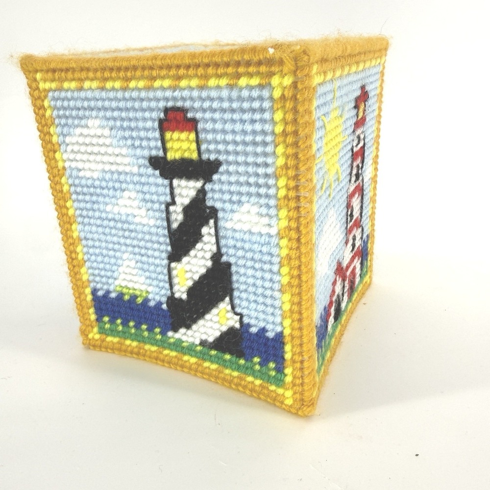 Vintage Lighthouse Plastic Canvas Tissue Box Cover Cross Stitch Embroider